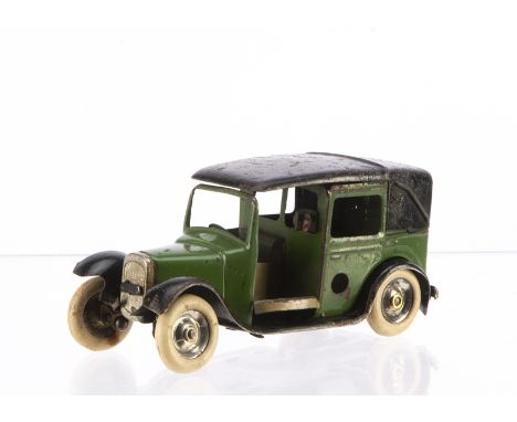 A Tri-ang Minic Tinplate Clockwork Taxi, green body, black roof and chassis, white tyres, no petrol can, F, lacks headlights 