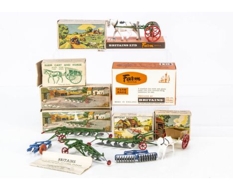 Britain's Farm Machinery and Hay Cart/Rake, machinery in picture boxes, 173F 3 Furrow Plough, blue (box with one end hinge fl
