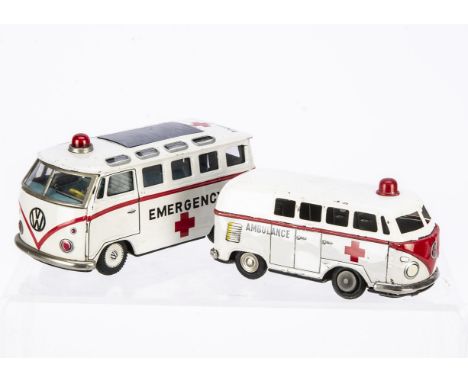 Japanese Volkswagen Type 2 Tinplate Friction Drive Ambulances, two models, first Meiwa larger example in white, detailed tin 