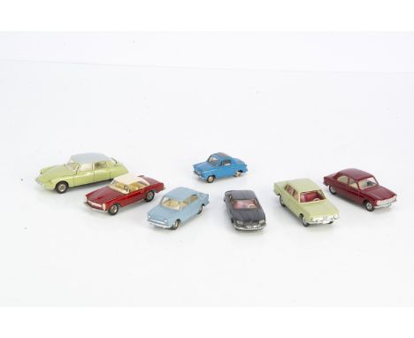 Loose French Dinky Toy Cars, 534 BMW 1500, 524 Panhard 24, 510 Peugeot 204, 24l Vespa 2CV, 519 Simca 1000, 516 Mercedes-Benz 