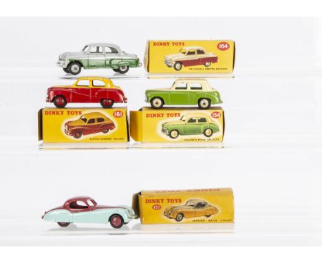 Two-Tone Dinky Toy Cars, 154 Hillman Minx, green lower, cream upper body, 161 Austin Somerset Saloon, red lower, yellow upper