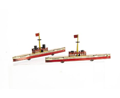 A Pair Of Paya Hermanos Tinplate Penny Toy Two Funnel Liners, both with litho-printed bodies, in red and grey with anchor, mo