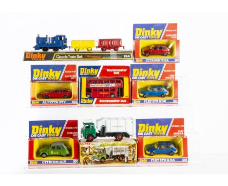 Dinky Toys, 978 Refuse Wagon, 784 Goods Train Set, 289 Routemaster Bus, 500 Citroen 2CV, 504 Citroen Visa, 501 Fiat Strada (2