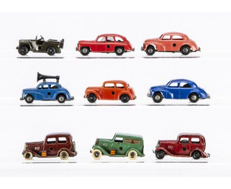 Tri-ang Minic pre and post-war tinplate and plastic clockwork and friction drive Cars, pre-war, 1M maroon £100 Ford Saloon an