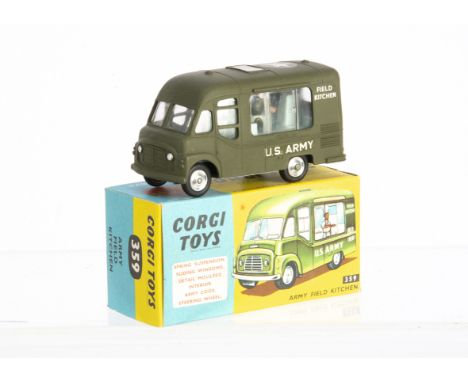 A Corgi Toys 359 Commer Army Field Kitchen, military green body, pale blue interior, attendant, 'US Army' decals, spun hubs, 