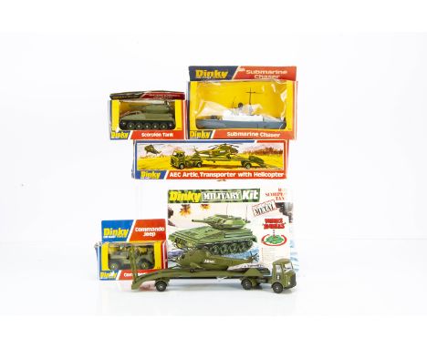 Military Dinky Toys, 618 AEC Artic Transporter with Helicopter, 673 Submarine Chaser, 612 Commando Jeep, 690 Scorpion Tank, 1