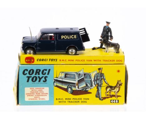 A Corgi Toys 448 B.M.C Mini Police Van With Tracker Dog, dark blue body, red interior, grey aerial, spun hubs, policeman and 