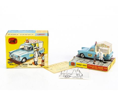 A Corgi Toys 447 Wall's Ice Cream Van, blue/cream Ford Thames Van, spun hubs, salesman and boy figures, in original box with 