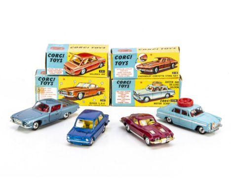 Corgi Toys Cars, 251 Hillman Imp, metallic blue body, 241 Ghia L.6.4, steel blue body, 236 Austin A60 De Luxe Saloon, 310 Che
