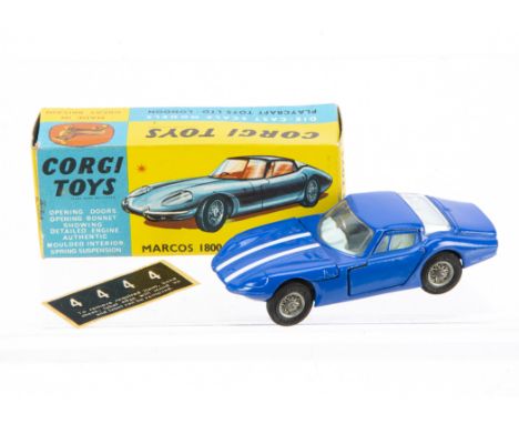A Corgi Toys 324 Marcos 1800 GT, blue body, white bonnet stripes, light blue interior, wire wheels, in original box with unus