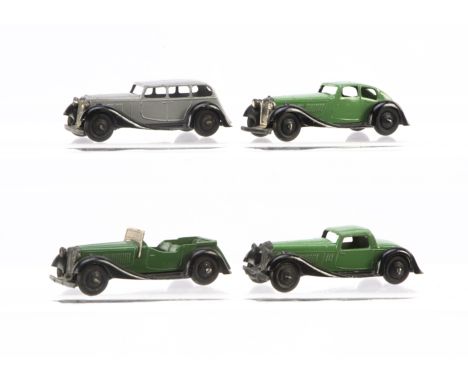 Dinky Toys 36 Series Cars, 36a Armstrong Siddeley, grey body, 36b Bentley, green body,36d Rover Streamlined Saloon, green bod