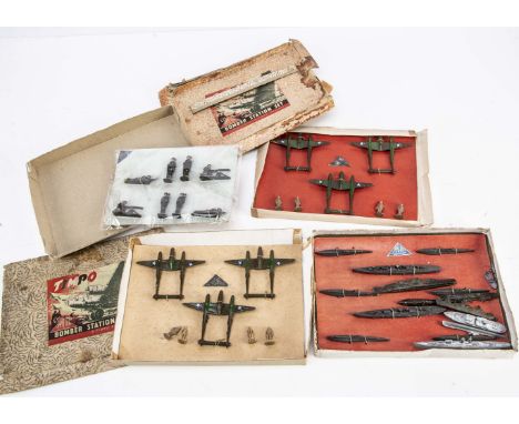 Timpo Toys boxed military sets comprising Bomber Station (2) and Navy set,   British soldiers set, all pieces still strung on