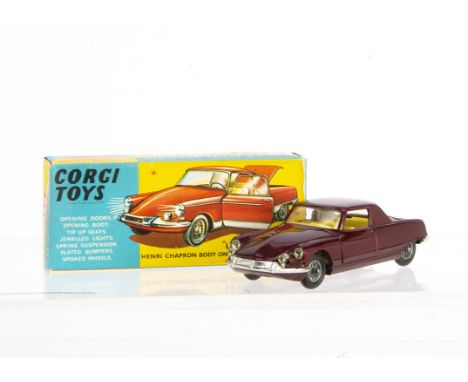 A Corgi Toys 259 Citroen Le Dandy Coupe, metallic maroon body, yellow interior, wire wheels, in original box with club leafle