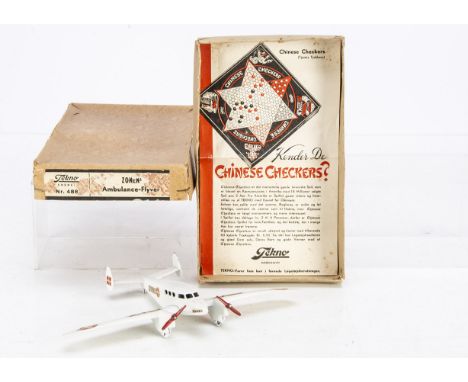 A Tekno Nr.488 Zonen Ambulance Plane, matt white body, red two blade props, 'Zonen' and red cross decals, 'OY-DIZ' markings, 