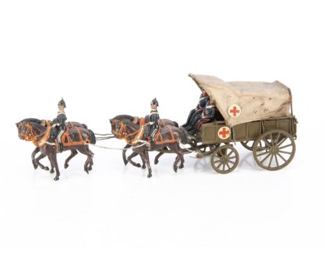 Loose 1st version Britains set 145 Royal Army Medical Corps wagon, both horses with riders have been slightly crushed, rear e