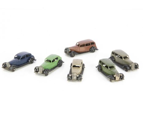 Dinky Toys 30 Series Cars, 30b Rolls-Royce, dark blue body, 30c Daimler (2), first green body, second fawn body, 30d Vauxhall