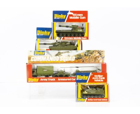1970s Dinky Toy Military Vehicles, 683 Chieftain Tank, 654 155mm Mobile Gun, 691 Striker Anti-Tank Vehicle, 303 Commando Squa