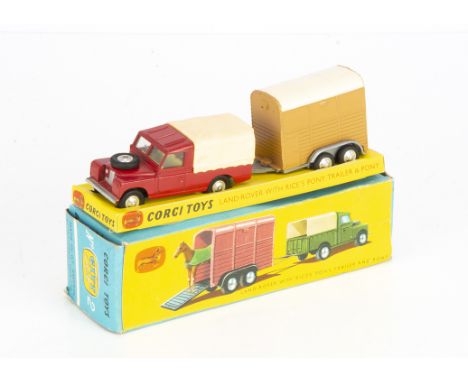 A Corgi Toys Gift Set 2 Land-Rover With Rice's Pony Trailer, comprising 438 Land Rover, red body, apricot plastic canopy, lig