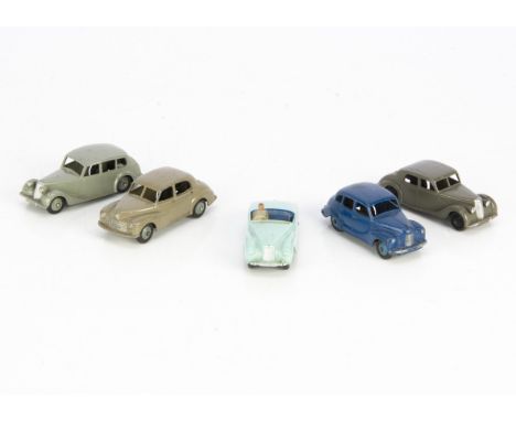 Dinky Toys Cars, 101 Sunbeam Alpine, turquoise body, dark blue seats, blue ridged hubs, driver, 40g Morris Oxford, stone body