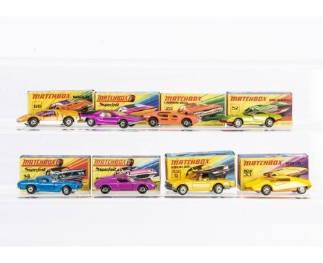 Matchbox Superfast Cars, 14A Iso Grifo, 5A Lotus Europa, 6B Mercedes 350sl, 33A Lamborghini Miura, 52A Dodge Charger, 20A Lam