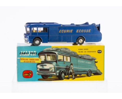 A Corgi Major Toys 1126 Ecurie Ecosse Racing Car Transporter, metallic dark blue body with logo in yellow lettering, spun hub