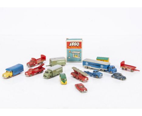 1960's Lego HO/OO Gauge plastic Vehicles and Pump Set, comprising blue Interfrigio Artic, green Transport Lorry and Trailer, 