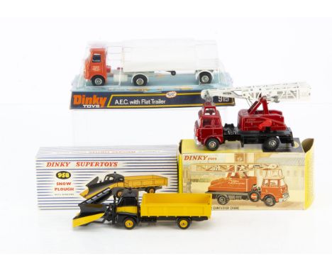 Dinky Toys 915 A.E.C with Flat Trailer, orange cab, white trailer, 'Truck Hire Co Liverpool' labels, 958 Guy Warrior Snow Plo