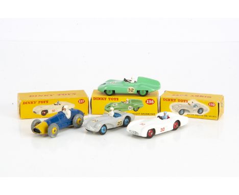 Dinky Toy Competition &amp; Racing Cars, 236 Connaught Racing Car, pale green body, mid-green hubs, RN32, driver, 237 Mercede