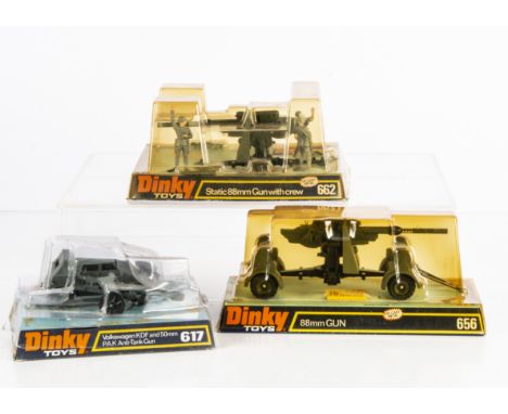 Bubble Packed Military Dinky Toys, 662 Static 88mm Gun with crew, 656 88mm Gun, 617 Volkswagen KDF and 50mm P.A.K Anti-Tank G