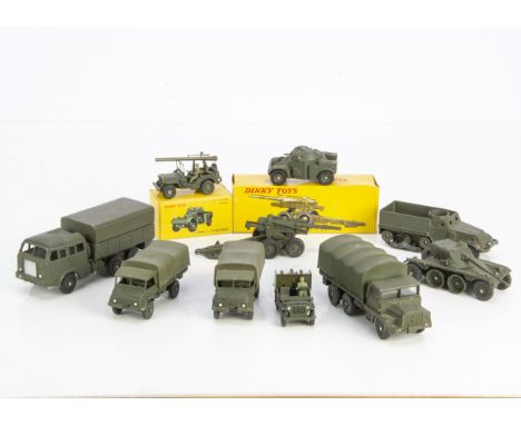 French Dinky Toy Military Vehicles, 819 Obusier ABS 155mm Gun, 814 Panhard Armoured Car, in original boxes, loose 824 Berliet
