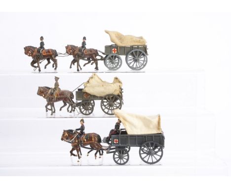 Britains horse-drawn Medical Corps wagons (3) in non-original condition consisting of a repainted 2nd version wagon with soli