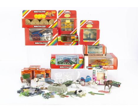 Britain's Farm Machinery and Accessories, various items, boxed examples, 9543 buck rake, 9561 Bamford Heavy Cultivator, 9549 
