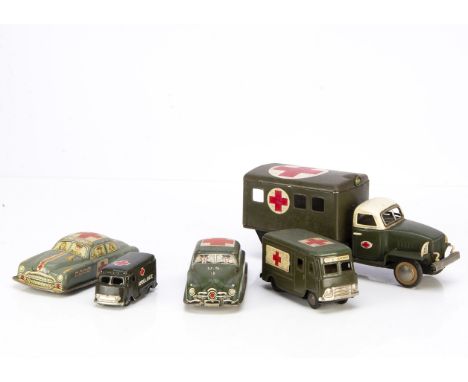 Tinplate Friction Drive Army Ambulances, Yoshiya (K.O) Army Medical Car, Cragstan/Shioji U.S Army Ambulance, similar smaller 