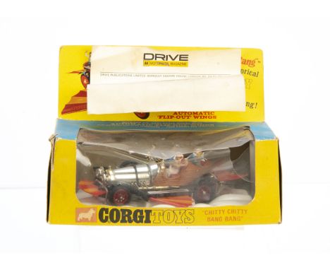 A Corgi Toys 266 Chitty Chitty Bang Bang, chrome, brown and red body, black chassis, retractable wings, four figures, in orig