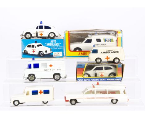 Hong Kong, Chinese &amp; Japanese Plastic Ambulances, including Daiya battery operated Ambulance Car, Chinese wind-up Volkswa