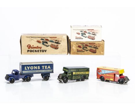 Well Brimtoy Pocketoys tinplate  clockwork and Gyro push and go uncommon Bentalls Van and other Vans, unboxed, green Bentalls