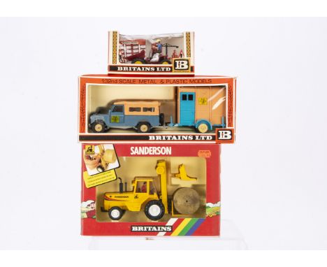 Britain's Land rover Dump Truck and Fork Lift, all boxed, 9575 Land Rover, Horse Box and Horse, blue land Rover, with blue/br