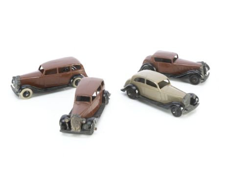 Dinky Toys 30 &amp; 36 Series Cars, 30b Rolls-Royce, fawn body, black plain chassis, black ridged hubs, 30d Vauxhall (2), fir