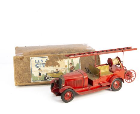 A CIJ Jouet Citroen Tinplate Clockwork Fire Engine No.90, c.1932, large tin toy in red with spoked mobile hose reel, ladder, 