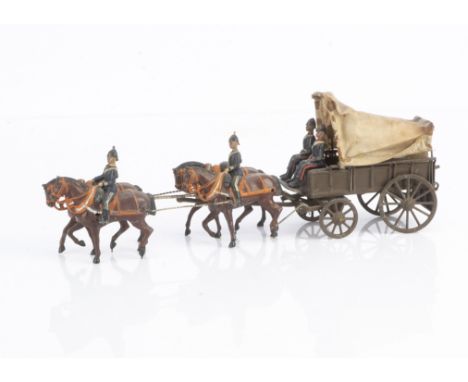 Loose 1st version Britains set 145 Royal Army Medical Corps wagon, 1 rider and both seated figures missing helmet balls, othe