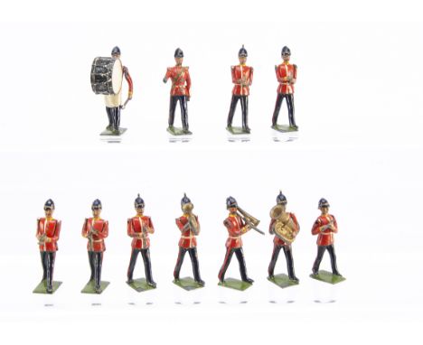 Britains 1930s version Line Infantry (Middlesex Regiment) bandsmen consisting of drum major, bass drummer, cornets (3), clari