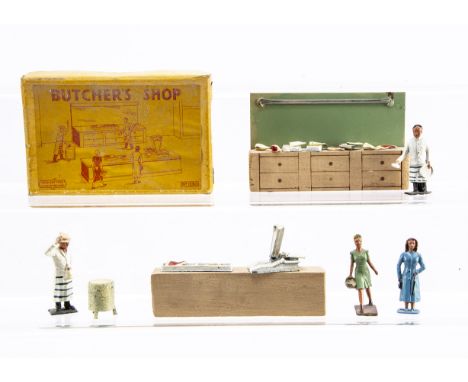 Crescent Toys boxed Butcher's Shop set comprising back wall and counter, large and small (2) trays for meat, pieces of meat (