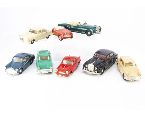 Collection of playworn Tri-ang Minic 1:20 Scale plastic battery operated cars for spares/restoration, beige Ford Zephyr (lack