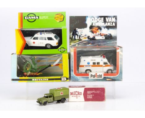 Various Diecast Ambulances, Micro Models Ford OHV F6 Truck, NZ Army , Polisti 1:25 Dodge Van Ambulanza, Gama Super Mercedes-B