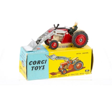 A Corgi Toys 57 Massey-Ferguson 65 Tractor With Fork, red, silver, cream body, red hubs, driver, in original box with packing