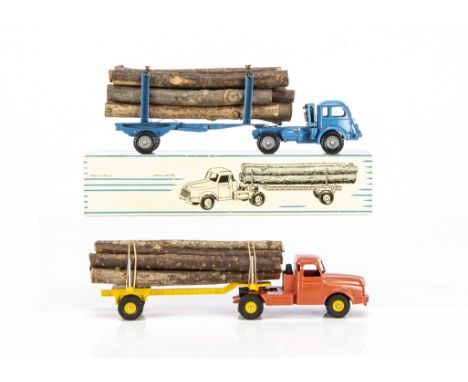 French Dinky Toys 897 Willeme Log Lorry, orange tractor unit, yellow concave hubs and semi-trailer, seven logs, in original b