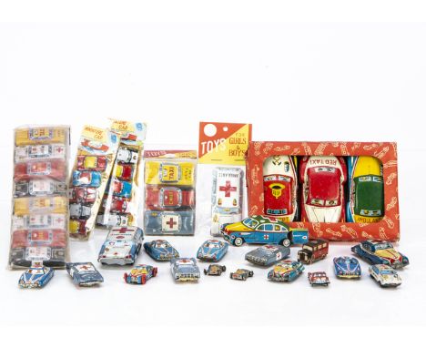 Japanese Tinplate Penny Toys, including Miniature Car set of eight, Miniature Car set of five (2), Nakamura Ambulance, Nakamu