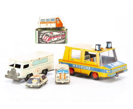 Eastern Bloc Tinplate Emergency Service Vehicles, including USSR Special Transport Ambulance Nr.410, in original box, Romania