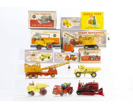 Dinky Supertoys Construction Vehicles, 972 Coles Lorry Mounted Crane, 571 Coles Mobile Crane, 960 Lorry Mounted Cement Mixer,