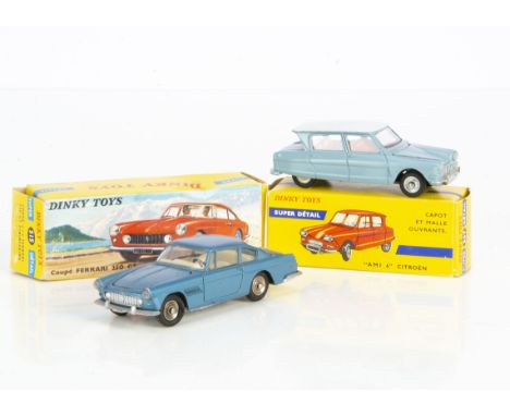 French Dinky Toys 557 Citroen AMI 6, fourth type, light blue body, pale grey roof, aluminium hubs, Dunlop tyres, 515 Ferrari 